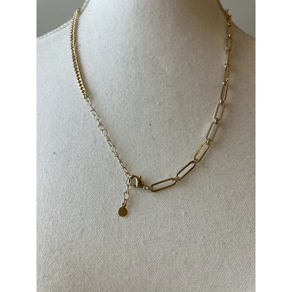 Gold Tone Asymmetrical Paperclip Curb Chain‎ Green Stone Teardrop Necklace